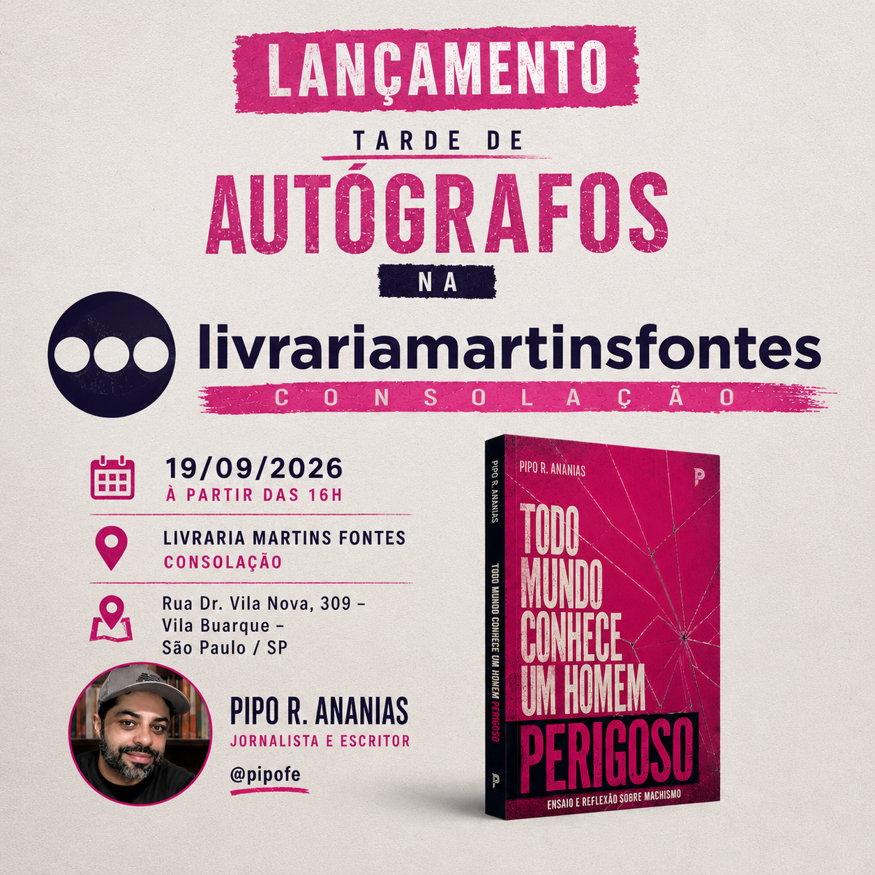 Convite para o lançamento do livro Todo Mundo Conhece um Homem Perigoso na Livraria Martins Fontes